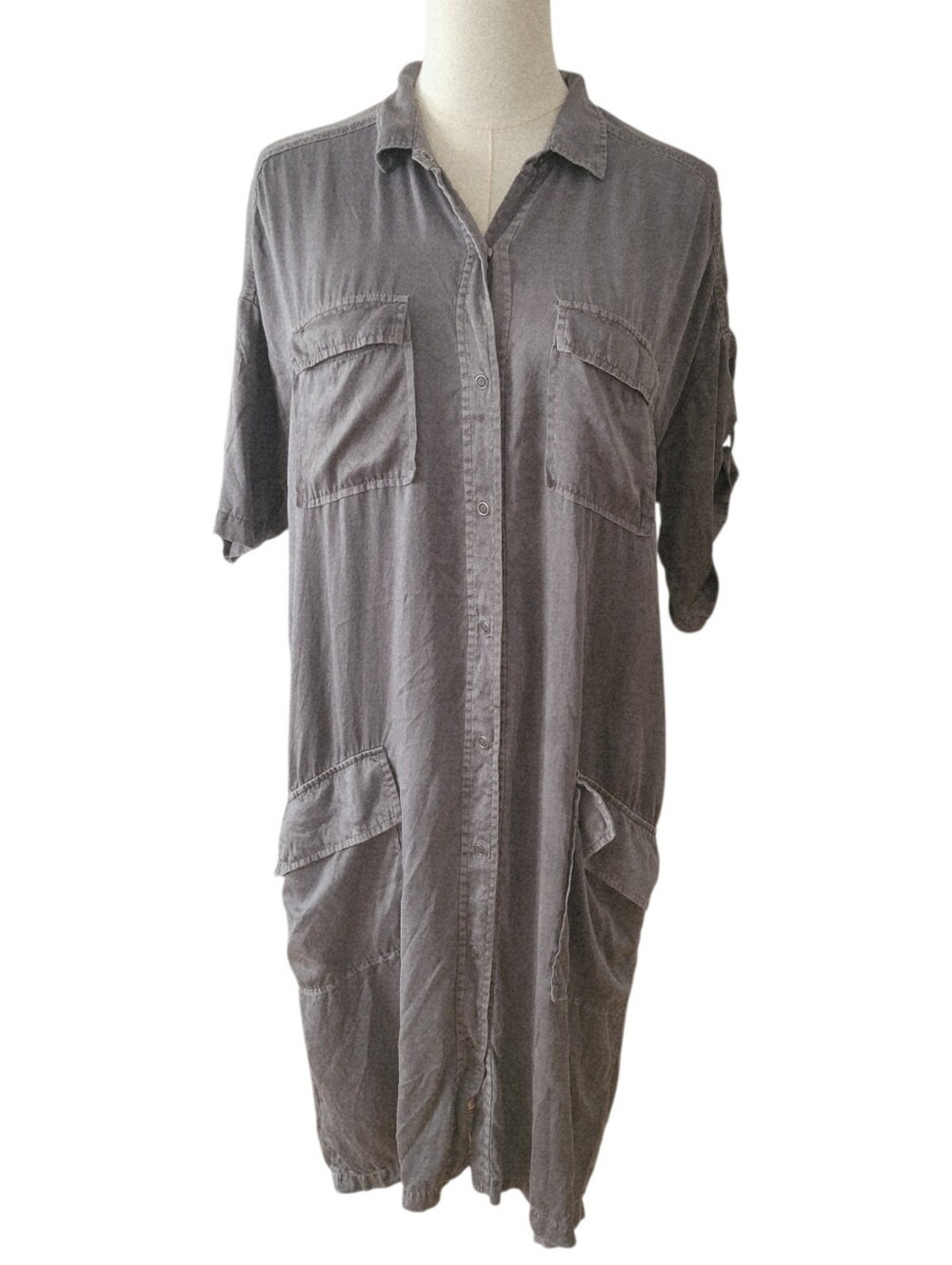 Eileen Fisher Dark Gray Silk Camp Shirt Dress Size Small